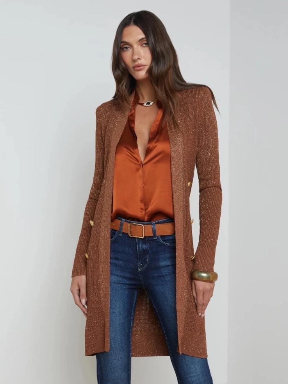 L’Agence noe double breasted bronze belted long cardigan sweater